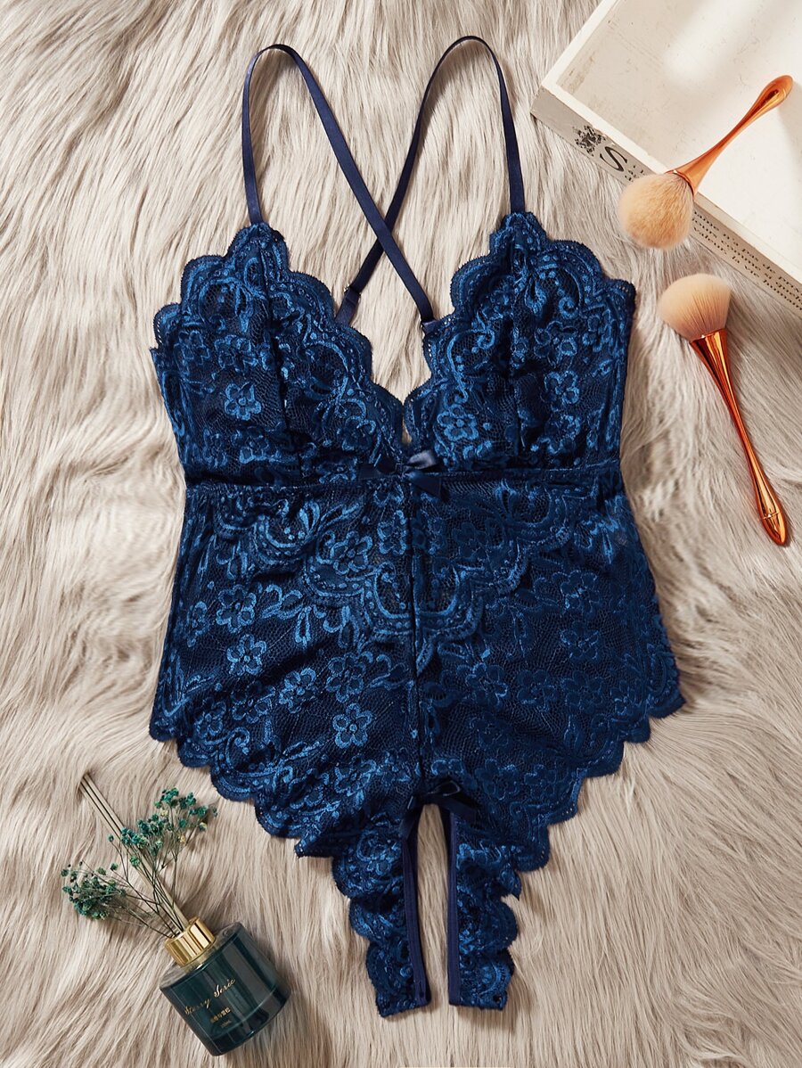 Plus Floral Lace Scallop Trim Teddy Bodysuit - Navy Blue - View 1