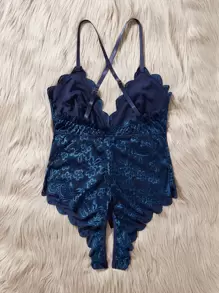 Plus Floral Lace Scallop Trim Teddy Bodysuit - Navy Blue - View 2
