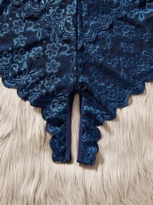 Plus Floral Lace Scallop Trim Teddy Bodysuit - Navy Blue - View 3