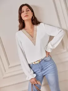 SHEIN Frenchy Swiss Dot Contrast Lace Flounce Sleeve Blouse - White - View 1