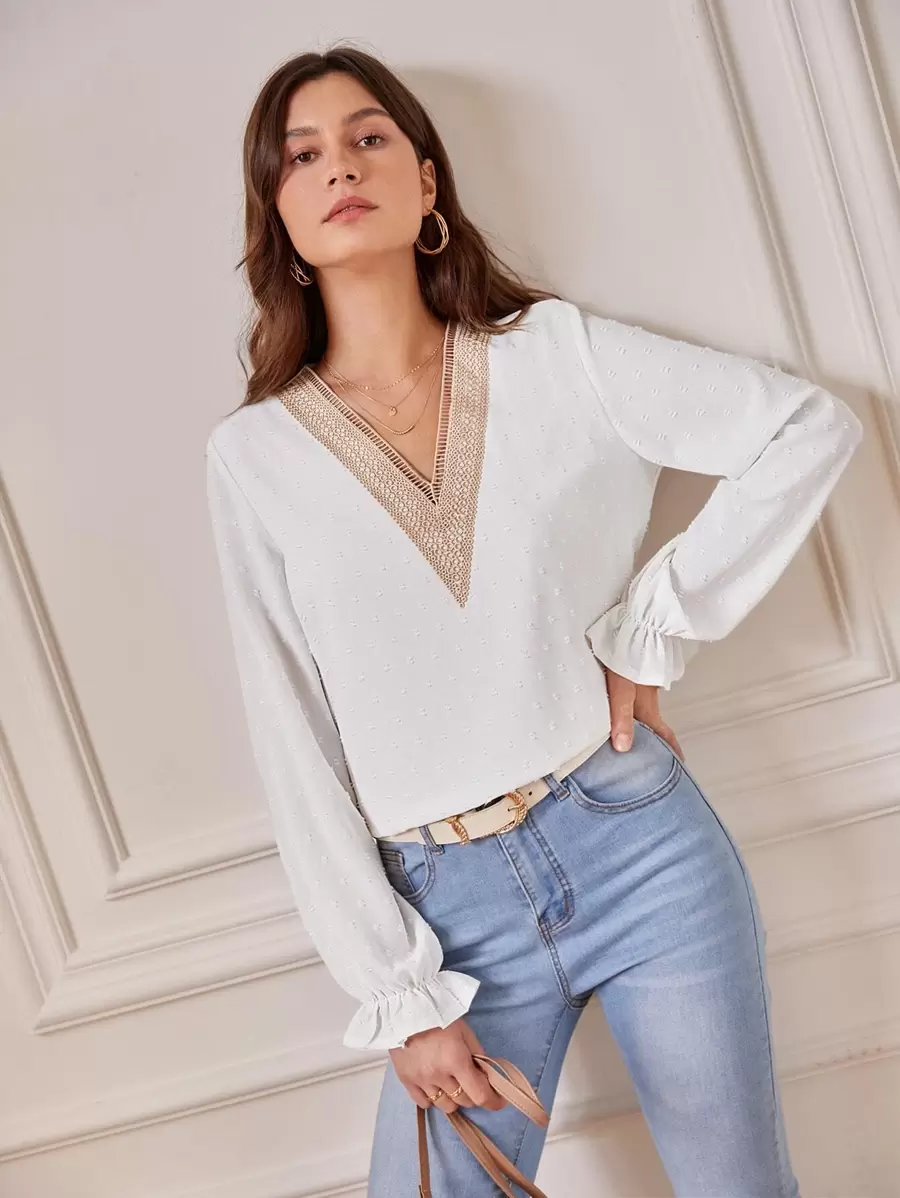 SHEIN Frenchy Swiss Dot Contrast Lace Flounce Sleeve Blouse - White - View 1