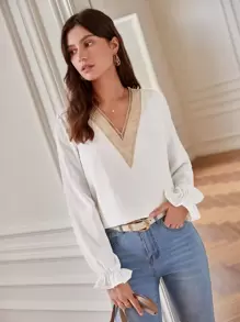 SHEIN Frenchy Swiss Dot Contrast Lace Flounce Sleeve Blouse - White - View 3