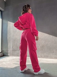 SHEIN Unity Letter Embroidery Drop Shoulder Crop Drawstring Hoodie & Sweatpants - Hot Pink - View 2