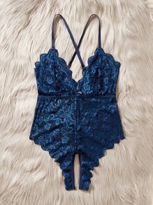 Plus Floral Lace Scallop Trim Teddy Bodysuit - Navy Blue - View 4