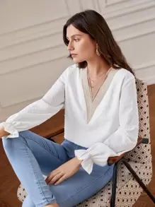 SHEIN Frenchy Swiss Dot Contrast Lace Flounce Sleeve Blouse - White - View 4
