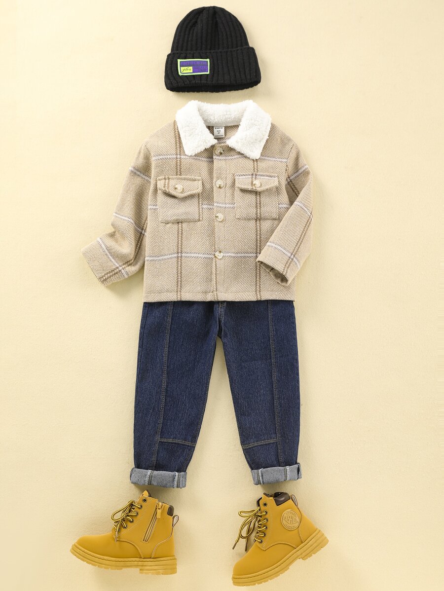 小男童1入組格紋印花羊絨領口外套