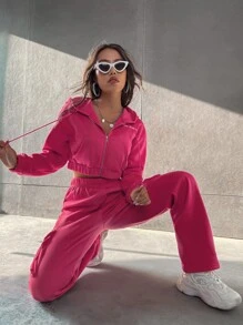 SHEIN Unity Letter Embroidery Drop Shoulder Crop Drawstring Hoodie & Sweatpants - Hot Pink - View 3
