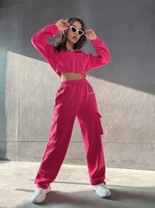 SHEIN Unity Letter Embroidery Drop Shoulder Crop Drawstring Hoodie & Sweatpants - Hot Pink - View 4