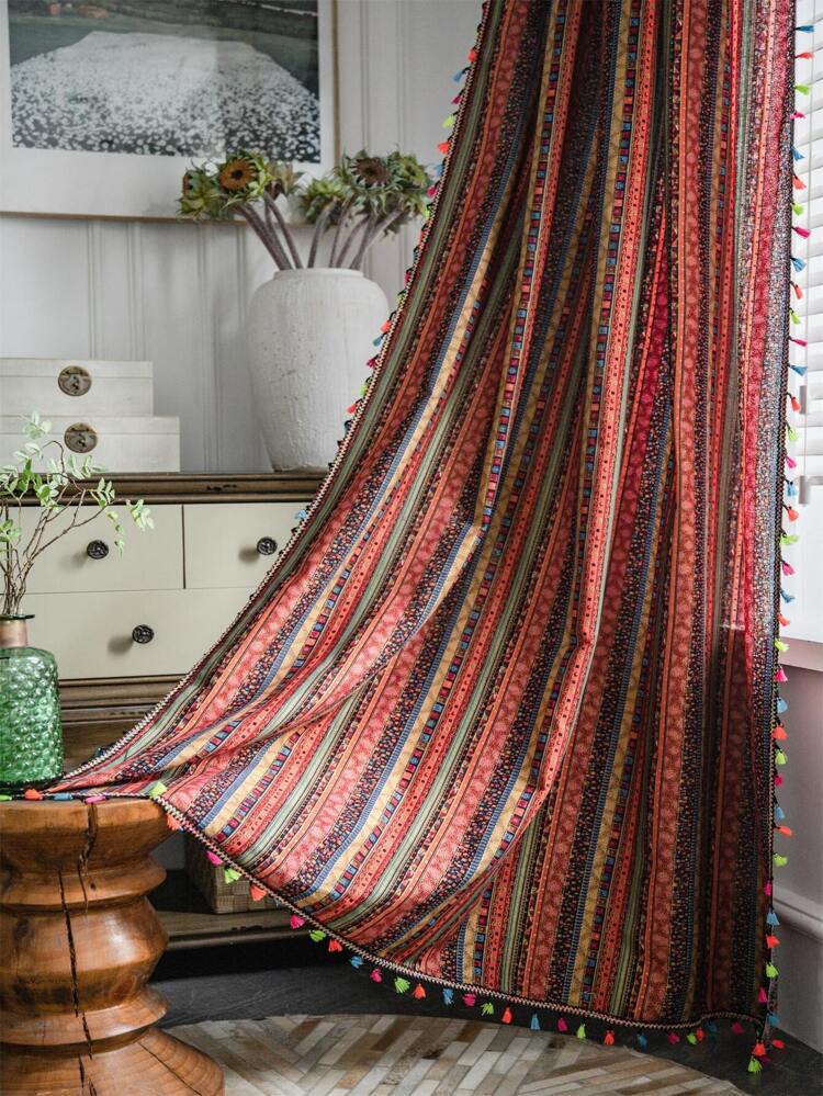 Bubaba 1pc Metallic Color Blackout Curtain, Bohemian Metallic Color Tassel Decor Window Curtain, Suitable For Bedroom, Living Room, Dining Room, Kitchen, Cafe, Entryway, Patio, All Seasons, Holidays