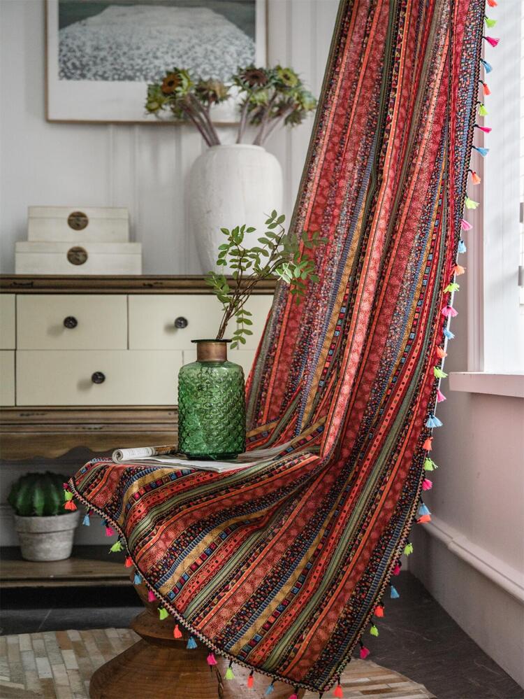 Bubaba 1pc Metallic Color Blackout Curtain, Bohemian Metallic Color Tassel Decor Window Curtain, Suitable For Bedroom, Living Room, Dining Room, Kitchen, Cafe, Entryway, Patio, All Seasons, Holidays