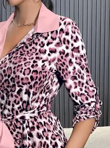 SHEIN Slayr 豹紋圖案拼接腰帶長款襯衫 - 藕粉色 - 查看 4