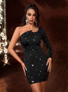 SHEIN SXY One Shoulder Rhinestone Cut Out Bodycon Dress - Black - View 1