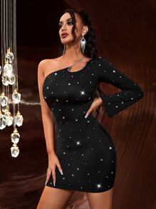 SHEIN SXY One Shoulder Rhinestone Cut Out Bodycon Dress - Black - View 4