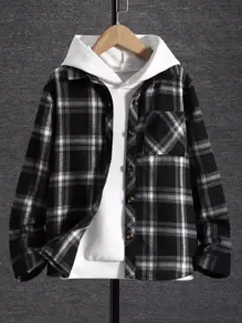 男孩格紋補丁貼口袋襯衫無連帽衫 - 黑與白 - 查看 1