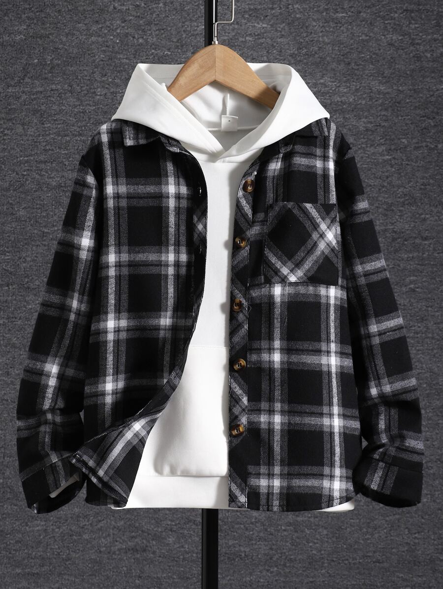 男孩格紋補丁貼口袋襯衫無連帽衫 - 黑與白 - 查看 1