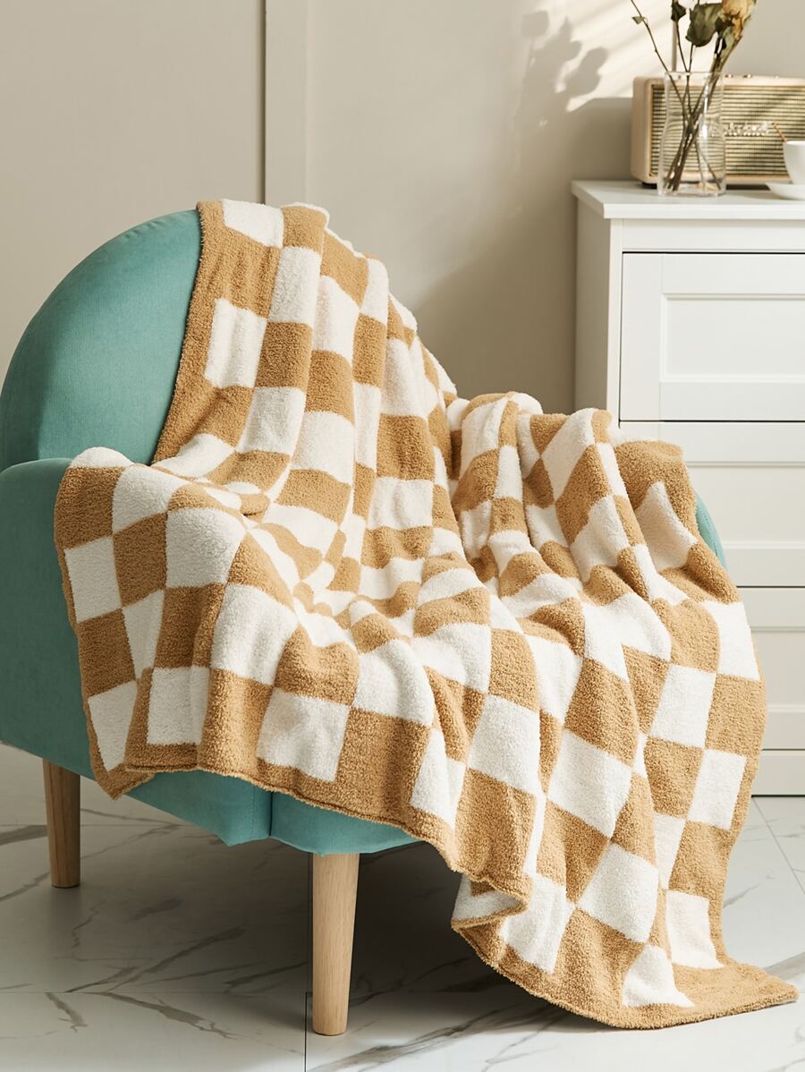 1入組棋盤格圖案毯子 - 卡其色 - 查看 1