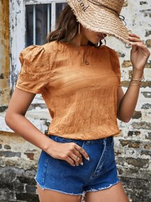 SHEIN VCAY Áo sơ mi nữ Nút màu trơn Giải trí - trái cam - Xem 5