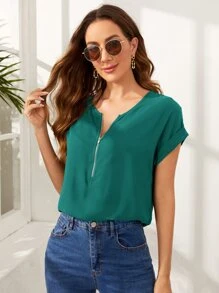 SHEIN LUNE Rolled Cuff Zip Half Placket Top - Green - View 4