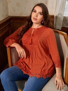 SHEIN VCAY 大碼繫帶領鏤空蕾絲花邊襯衫 - 薑色 - 查看 1