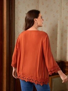 SHEIN VCAY 大碼繫帶領鏤空蕾絲花邊襯衫 - 薑色 - 查看 2