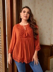 SHEIN VCAY 大碼繫帶領鏤空蕾絲花邊襯衫 - 薑色 - 查看 3