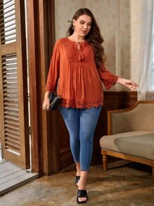 SHEIN VCAY 大碼繫帶領鏤空蕾絲花邊襯衫 - 薑色 - 查看 5