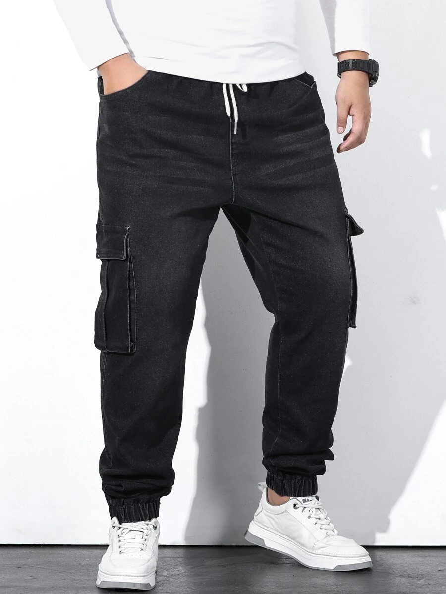 Manfinity Men Plus Flap Pocket Drawstring Waist Cargo Jeans - Black - View 1