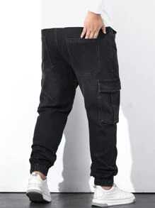 Manfinity Men Plus Flap Pocket Drawstring Waist Cargo Jeans - Black - View 2