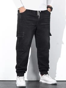 Manfinity Men Plus Flap Pocket Drawstring Waist Cargo Jeans - Black - View 3