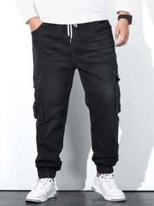 Manfinity Men Plus Flap Pocket Drawstring Waist Cargo Jeans - Black - View 5
