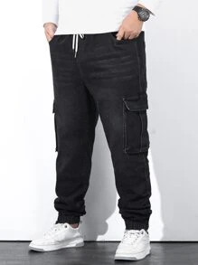 Manfinity Men Plus Flap Pocket Drawstring Waist Cargo Jeans - Black - View 6