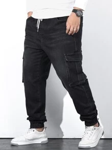 Manfinity Men Plus Flap Pocket Drawstring Waist Cargo Jeans - Black - View 8