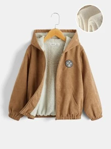 SHEIN 男孩字母補丁細節毛絨內襯連帽夾克
