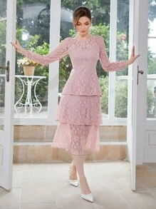 Lantern Sleeve Layer Hem Lace Dress - Baby Pink - View 1