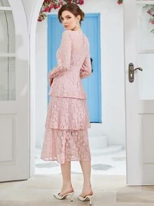 Lantern Sleeve Layer Hem Lace Dress - Baby Pink - View 2