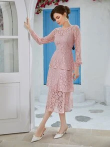 Lantern Sleeve Layer Hem Lace Dress - Baby Pink - View 3