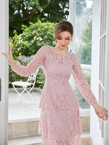 Lantern Sleeve Layer Hem Lace Dress - Baby Pink - View 7