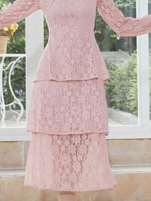 Lantern Sleeve Layer Hem Lace Dress - Baby Pink - View 8
