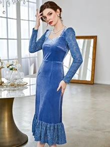 泡泡袖蕾絲花邊荷葉邊絲絨洋裝 - 藍色 - 查看 1