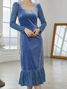 泡泡袖蕾絲花邊荷葉邊絲絨洋裝 - 藍色 - 查看 3