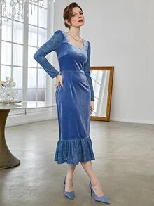泡泡袖蕾絲花邊荷葉邊絲絨洋裝 - 藍色 - 查看 4
