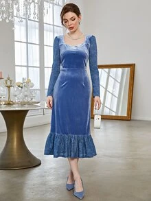 泡泡袖蕾絲花邊荷葉邊絲絨洋裝 - 藍色 - 查看 5