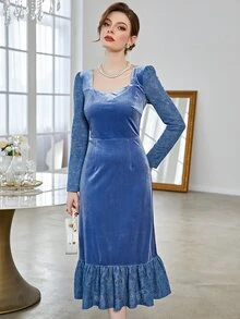 泡泡袖蕾絲花邊荷葉邊絲絨洋裝 - 藍色 - 查看 6