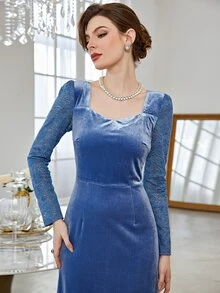 泡泡袖蕾絲花邊荷葉邊絲絨洋裝 - 藍色 - 查看 7