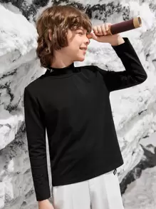 SHEIN 男孩字母刺繡高領T恤 - 黑色 - 查看 1