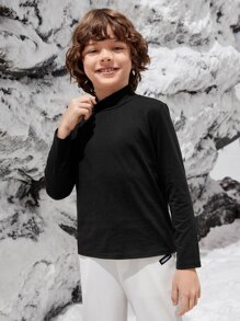 SHEIN 男孩字母刺繡高領T恤 - 黑色 - 查看 7