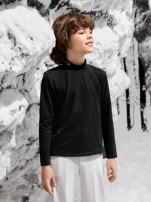 SHEIN 男孩字母刺繡高領T恤 - 黑色 - 查看 8