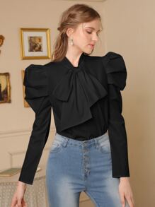 SHEIN MOD Áo sơ mi nữ Xù Thắt nơ trước màu trơn Thanh lịch - màu đen - Xem 1