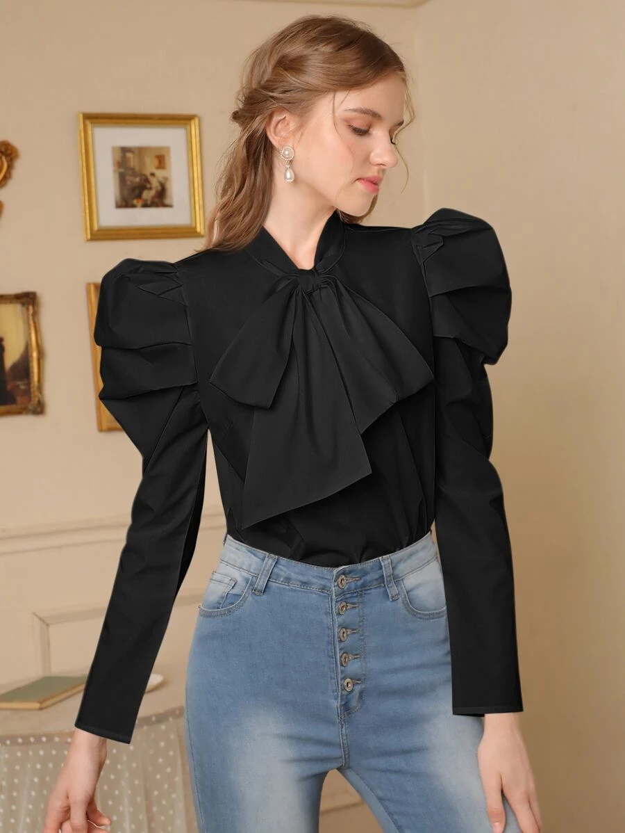 SHEIN MOD Áo sơ mi nữ Xù Thắt nơ trước màu trơn Thanh lịch - màu đen - Xem 1
