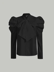 SHEIN MOD Áo sơ mi nữ Xù Thắt nơ trước màu trơn Thanh lịch - màu đen - Xem 2